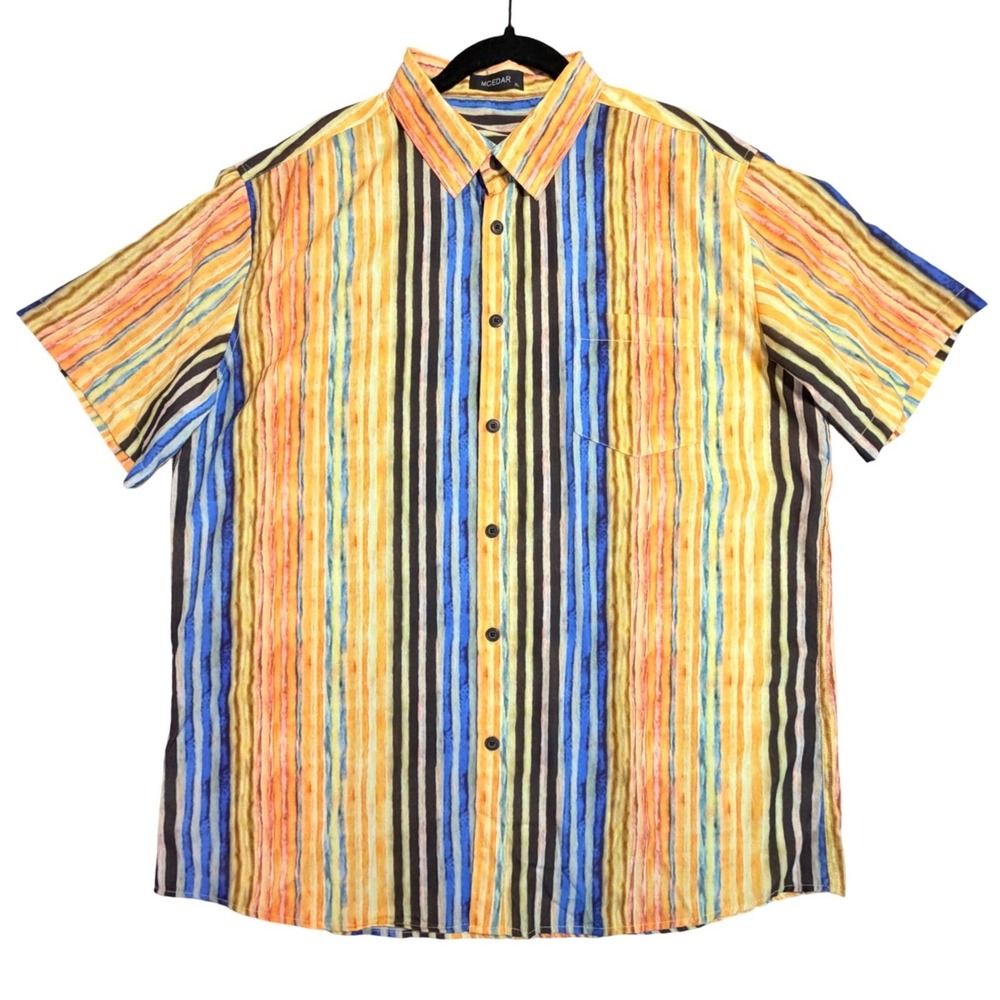 MCEDAR Mens XL Vertical Stripe Button Down Shirt Short Sleeve Multi Color Casual
